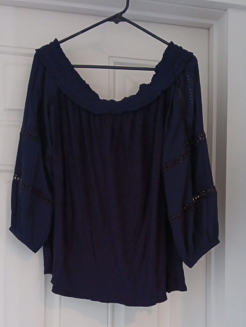 LOFT Navy Off-Shoulder Peasant Top with Lace Trim